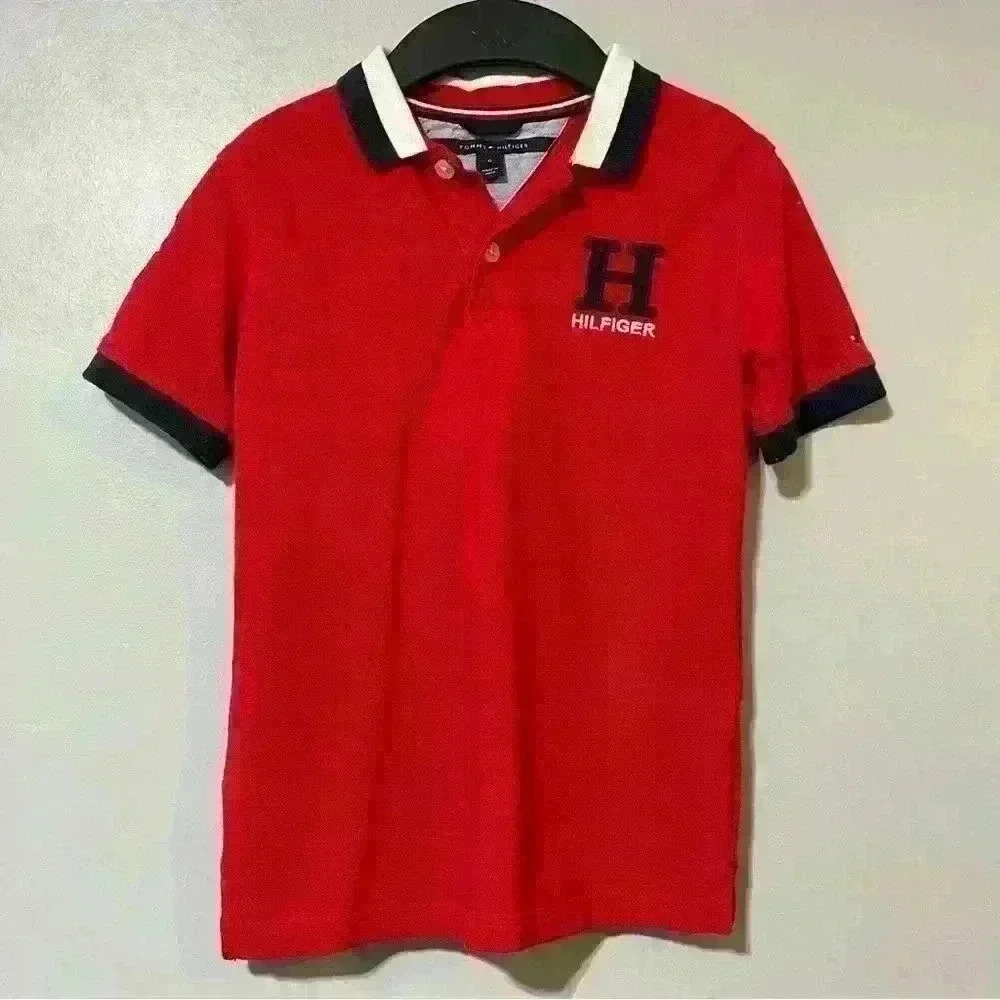 Tommy Hilfiger Boys Polo Shirt Size 6 Red Button Down H Logo Number 8 Side